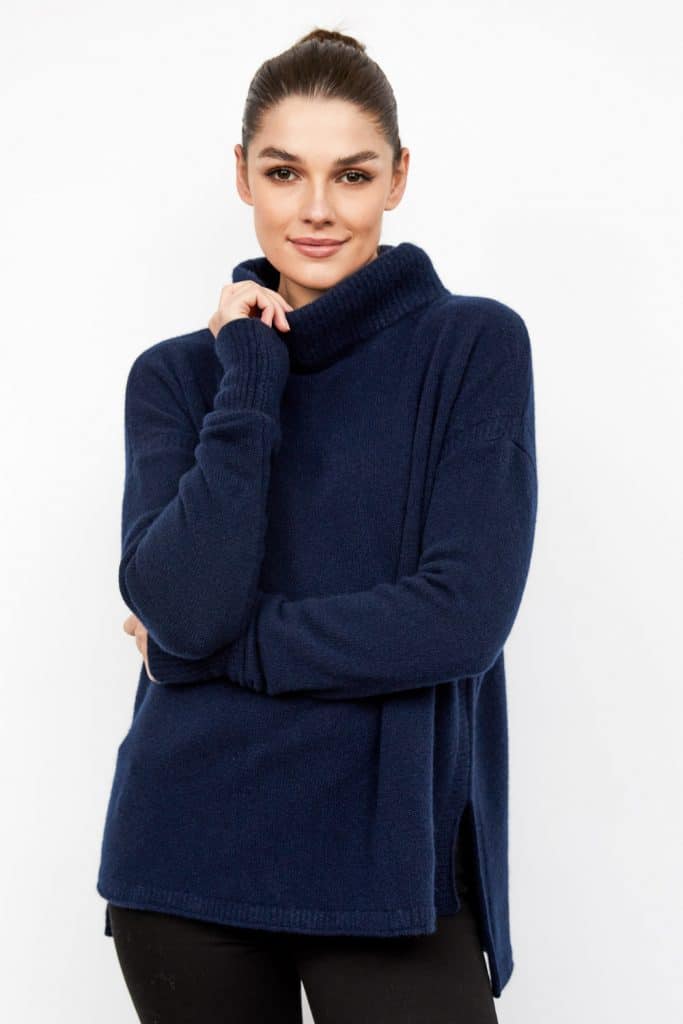 female model wearing blue cashmere jumper by rachel mackay